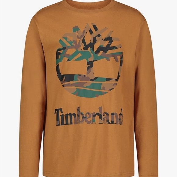 Timberland Brown Long Sleeve Logo T Shirt Cotton Casual Crew Neck L14/16 - Picture 1 of 9